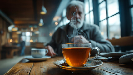 An old man having a cup of tea with an old friend and a chat. - obrazy, fototapety, plakaty