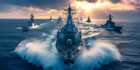 Obraz premium Group of Military Ships at Sea, Guided-missile destroyer. 