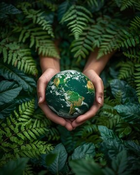 Earth Day Embrace: Hands Tenderly Holding a Globe Amidst Vibrant Green Ferns