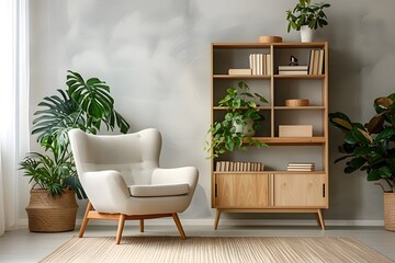 Wooden shelf unit and gray armchair.
