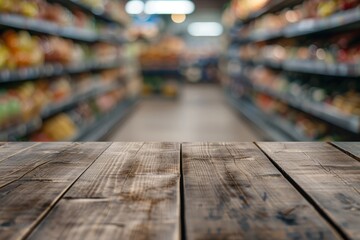 photo of grocery store wood top table with blurry background Generative AI - obrazy, fototapety, plakaty