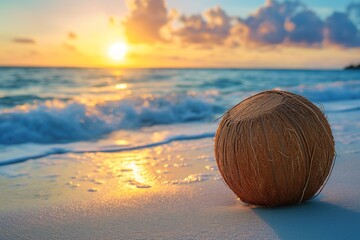 A coconut rests on the sandy beach as the sun sets in the background, signaling the end of a tropical summer day. - obrazy, fototapety, plakaty
