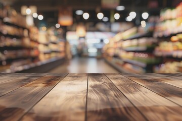 photo of grocery store wood top table with blurry background Generative AI - obrazy, fototapety, plakaty