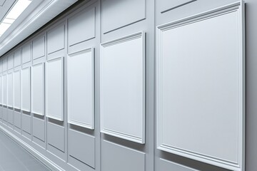 A row of white cabinets placed side by side on a white wall with empty nameplates.