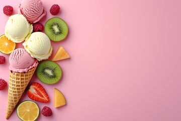 Ice cream cone topped with fresh fruits, ice cream and kiwi presented in a flat lay style.