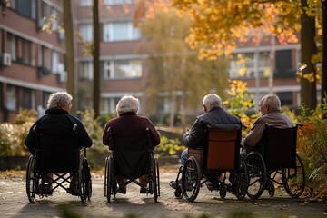 A group of elderly individuals sit in wheelchairs at a residence for the third age. - obrazy, fototapety, plakaty