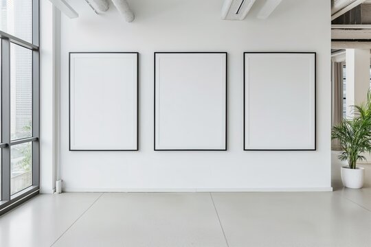 An empty white room featuring three framed pictures hanging on the wall.
