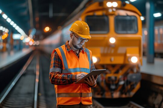 A railway engineer wearing an orange safety vest stands next to a train, actively monitoring and analyzing data.