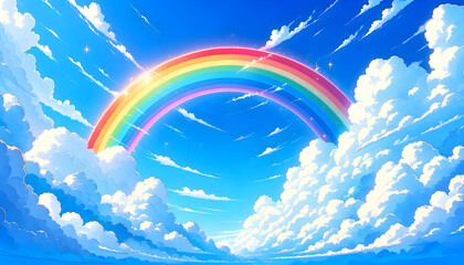 Anime-style illustration of a beautiful rainbow in the blue sky