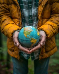 Close-Up of Hands Holding a Globe in the Woods, Symbolizing Environmental Care