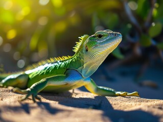 Fototapeta premium Vibrant green lizard on sandy beach with blurred tropical foliage in the background, illustrating wildlife in a serene habitat