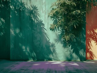 Vibrant mockup space on a rustic green wall flanked by tropical foliage, perfect for sustainable brand displays in natural settings
