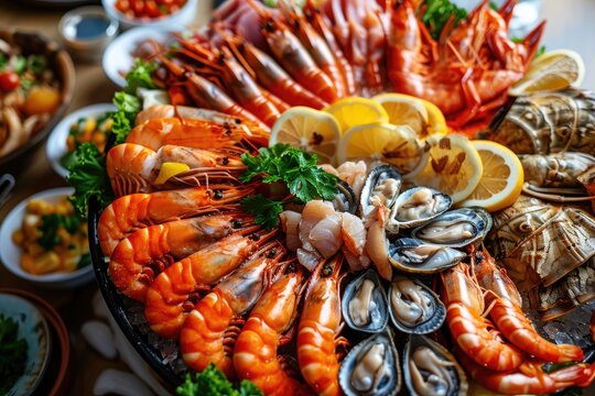 A variety of seafood dishes are displayed on a table, including crab legs, shrimp, oysters, and mussels, Aerial view of a lavish seafood platter, AI Generated