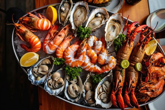 A colorful platter displaying a variety of fresh seafood and oysters arranged on a table, Aerial view of a lavish seafood platter, AI Generated