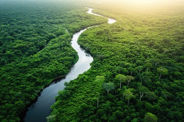A beautiful river cuts through a dense and vibrant green forest, creating a picturesque scene of natures raw beauty, Aerial view of a winding river through a lush rainforest, AI Generated