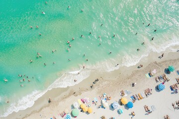 A bustling beach scene filled with numerous individuals and colorful umbrellas enjoying the sun, sand, and sea, Aerial view of sunbathers lounging on Miami Beach, AI Generated