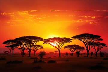 A group of trees, with their branches reaching towards the sky, stand tall amidst a green grassy landscape, African savanna at sunset with silhouettes of trees, AI Generated