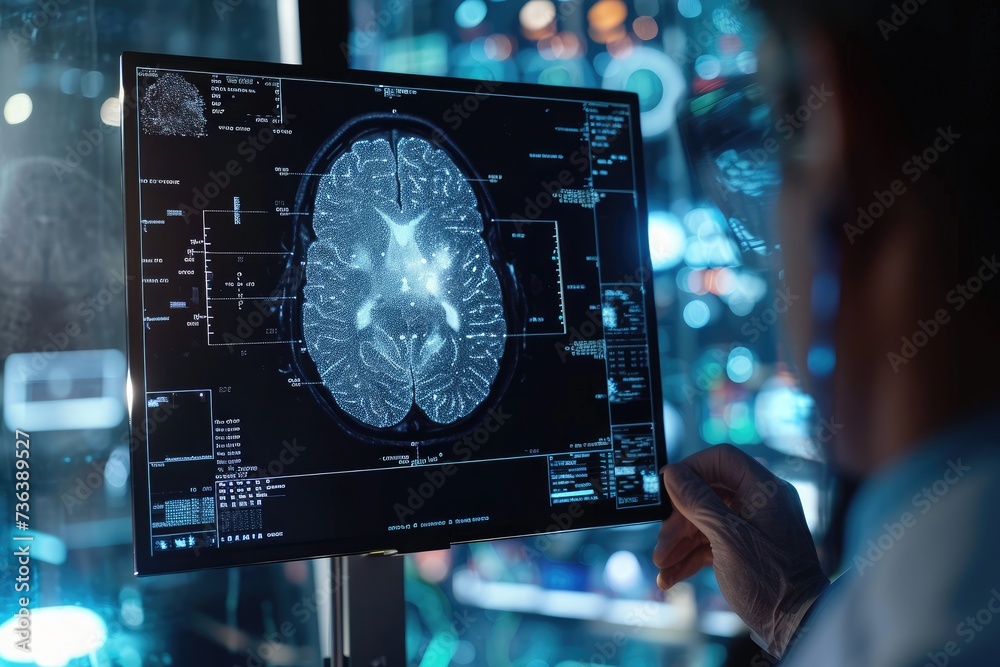 Poster a man concentrates as he examines a computer screen displaying a detailed brain scan, ai algorithm s