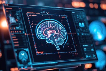 A computer screen showing an accurate depiction of a brain, highlighting its intricate structure and complexity, AI algorithm studying a 3D brain scan, AI Generated