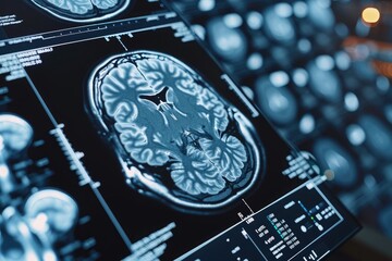 A close-up photo of a computer screen displaying a detailed image of a brain, AI algorithm studying a 3D brain scan, AI Generated