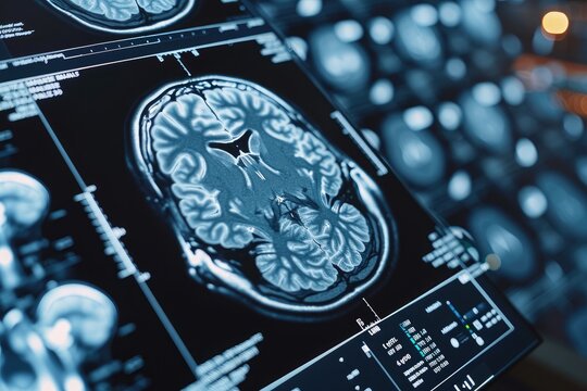 A close-up photo of a computer screen displaying a detailed image of a brain, AI algorithm studying a 3D brain scan, AI Generated