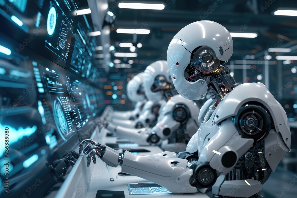 Poster a group of robots is lined up in a neat row, with each one sitting in front of a large monitor, ai r