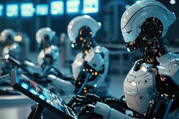 Fototapeta premium A collection of robots sit in close proximity to one another in a neat and organized arrangement, AI robots working in a futuristic IT lab, AI Generated