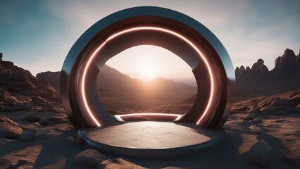 park state A futuristic background of a circular entrance to a virtual reality, with a glowing energy and a rock  - obrazy, fototapety, plakaty