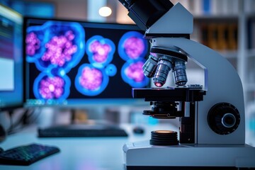 A microscope is positioned on a desk, with a monitor displaying data, in a laboratory setting, AI-enabled microscope able to detect cancer cells, AI Generated