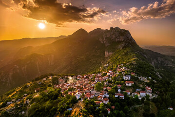 Spilaio village and Orliakas mountain, before sunset, Grevena, West Macedonia, Greece.