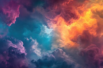 A vibrant sky filled with numerous clouds showcasing a stunning array of colors during sunset, Aluring cosmic cloudscape drenched in vibrant hues, AI Generated - obrazy, fototapety, plakaty