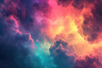 The photo captures a colorful sky filled with numerous clouds, creating a vibrant and dynamic scene, Aluring cosmic cloudscape drenched in vibrant hues, AI Generated - obrazy, fototapety, plakaty