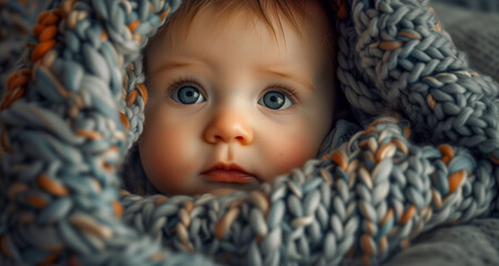 A beautiful little baby looking out from under wool blanket