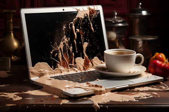 Kaffeeexplosion auf dem Laptop, Kaffee wird auf den Computer gesch&uuml;ttet, Laptop kaputt
