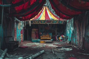 A room featuring a red and yellow tent as the main focal point, adding a vibrant pop of color, An abandoned circus with eerie, ghostly clowns, AI Generated - obrazy, fototapety, plakaty