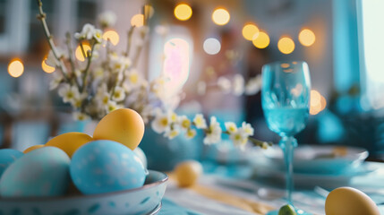 Obraz premium Easter holiday table setting with flowers in pastel colours