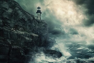 Fototapeta premium A sturdy lighthouse perched atop a rugged cliff, providing a guiding light to ships navigating the vast ocean, An abandoned lighthouse on a cliff in a stormy sea, AI Generated