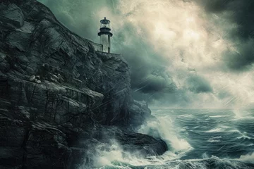 Poster A sturdy lighthouse perched atop a rugged cliff, providing a guiding light to ships navigating the vast ocean, An abandoned lighthouse on a cliff in a stormy sea, AI Generated © Iftikhar alam