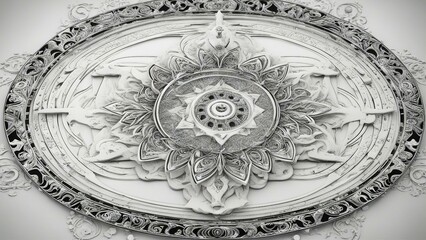antique silver ornament _A black and white abstract design made of sacred symbols, signs, geometry and designs  
