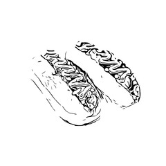 Black and white sketch of hotdog image with transparent background