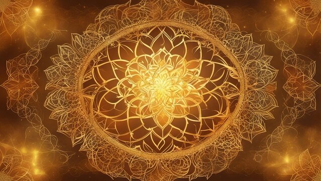 fractal background _A gold and brown mandala of sacred geometry on a gradient background. Squares, diamonds, and leaves 