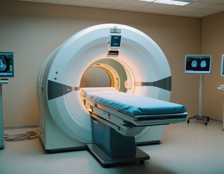 Futuristic, advanced mri or ct scan medical diagnosis machine at hospital lab.