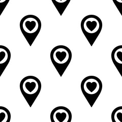 Seamless pattern, location pin with heart shape. Background for Valentine's Day. Favorite places.