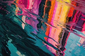 A clear reflection of a modern skyscraper building is mirrored in the calm water of a nearby body, An abstract melting pot of myriad colors reflecting a futuristic urban sprawl, AI Generated