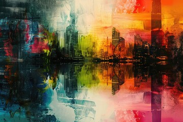 Abstract Cityscape Painting With Multicolored Rainbow, An abstract melting pot of myriad colors reflecting a futuristic urban sprawl, AI Generated