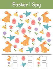 Easter I spy. Easter themed printable educational math worksheet. Math activities for preschoolers kindergarten. Learning mathematic pages, teacher resources for early kids education.