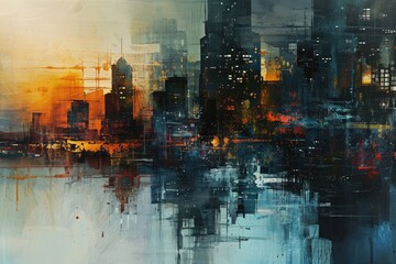 This photo depicts an artful rendering of a cityscape featuring towering skyscrapers in the...