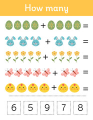 Easter printable educational math worksheet. Mathematic activities for kids. Educational games for preschool kindergarten. Learning math pages. Easter teacher resources. Counting, addition, page.