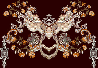 digital textile design motif with geometrical border and ethnic style decoration with botanical flowers and ornament