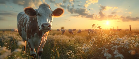 At dusk, a brown-speckled cow with its skull bowed stood on green, lush grass and space, Generative AI.